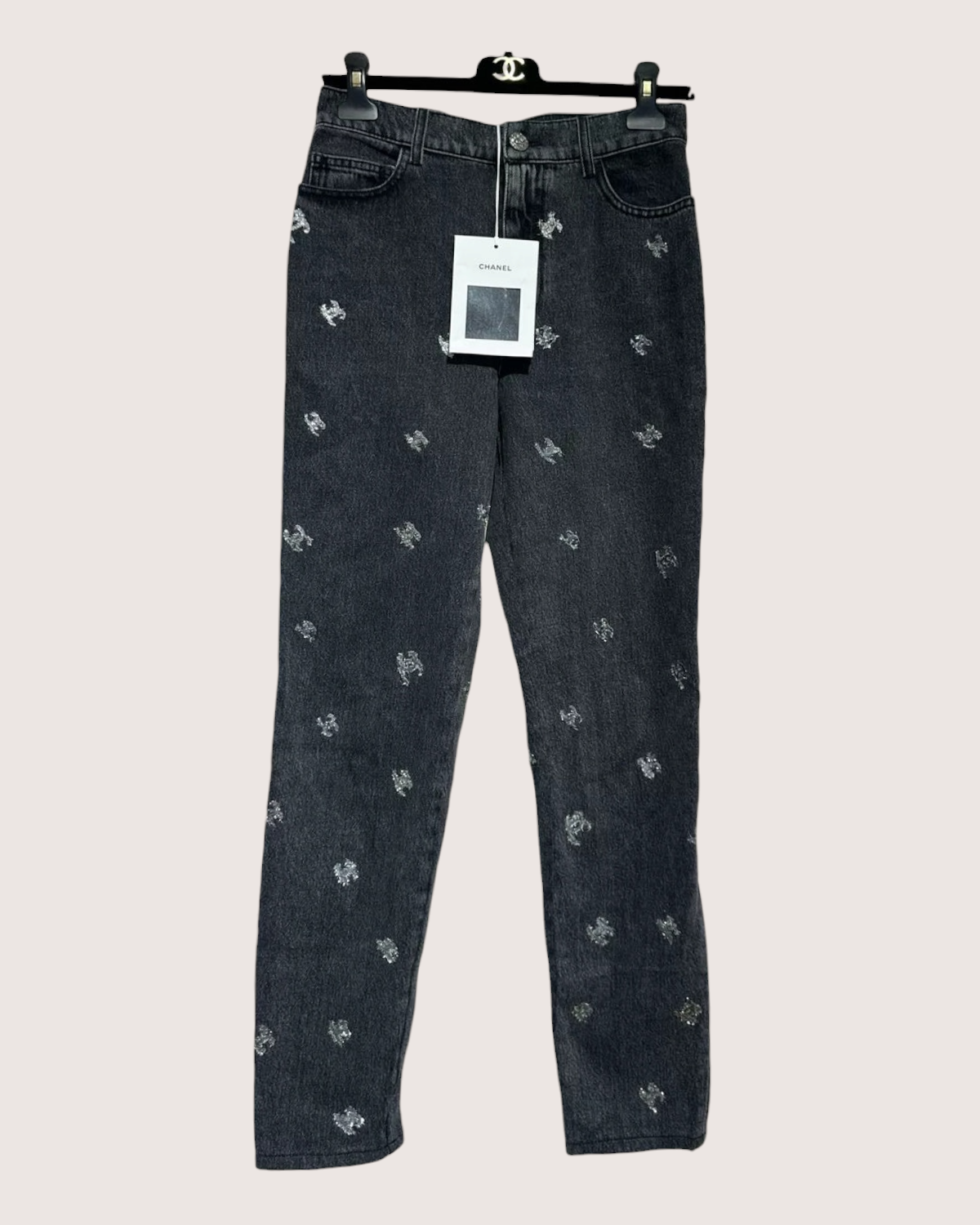 Chanel 21K CC Straight Denim Jeans Black FR 38