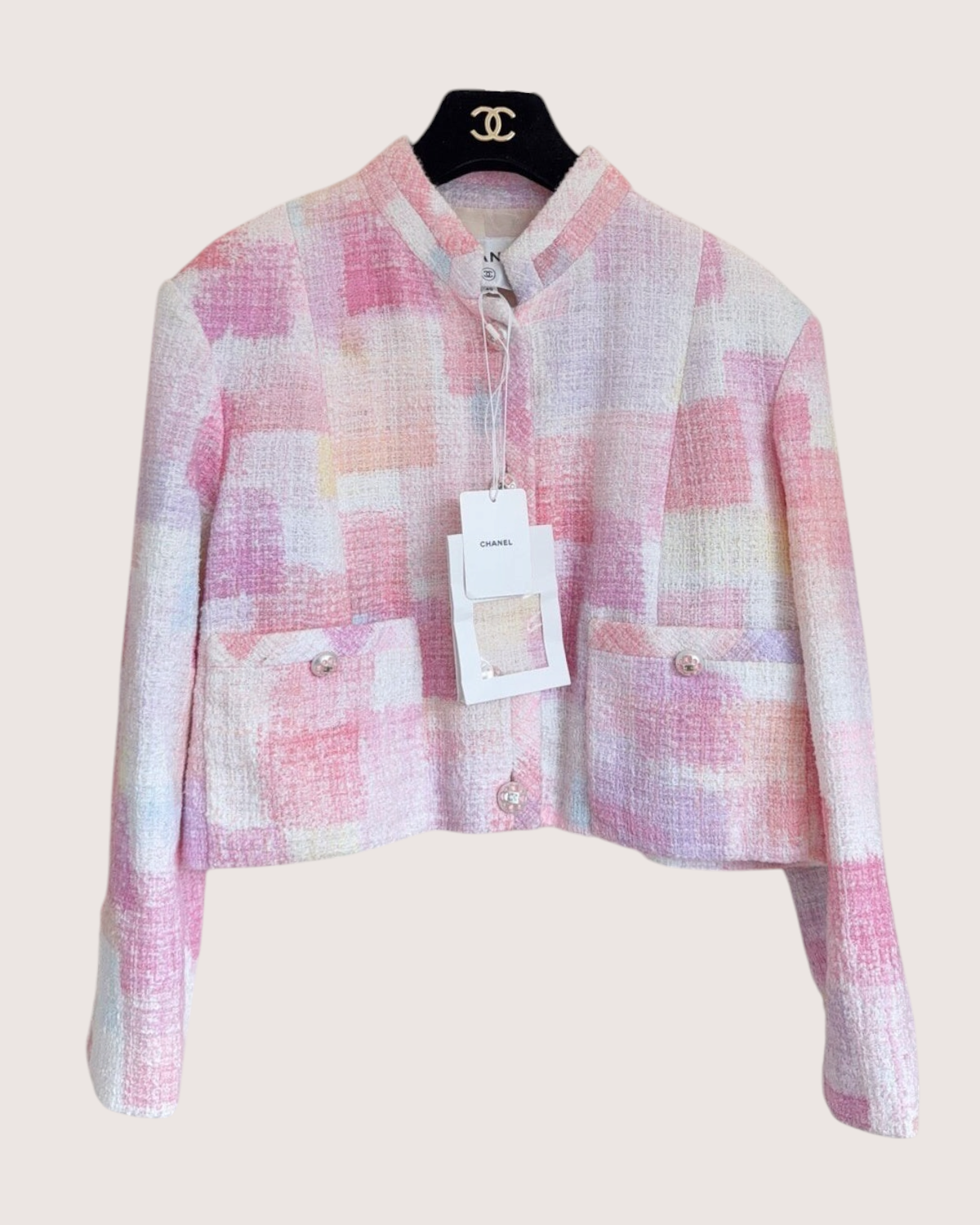 Chanel 23S Cropped Mosaic Tweed Jacket Pink, White, Multicolor FR 40