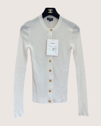 Chanel 26S Ribbed Cardigan White, Gold FR 34