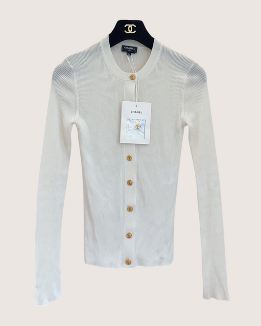 Chanel 26S Ribbed Cardigan White, Gold FR 34