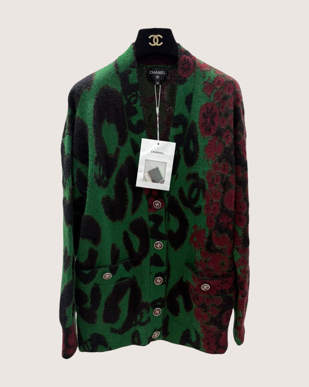 Chanel 23A Leopard Knit Cardigan Green, Black, Burgundy, Multicolor FR 34
