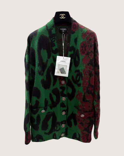 Chanel 23A Leopard Knit Cardigan Green, Black, Burgundy, Multicolor FR 34