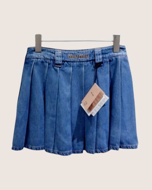 Miu Miu Pleated Denim Logo Mini Skirt Blue IT 36