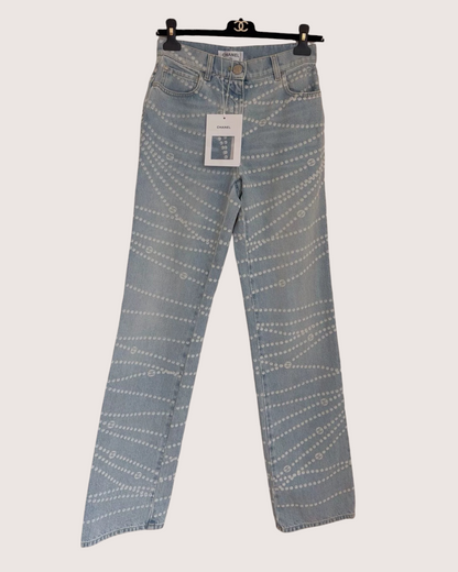 Chanel 25P Straight Denim Jeans Blue, White FR 34