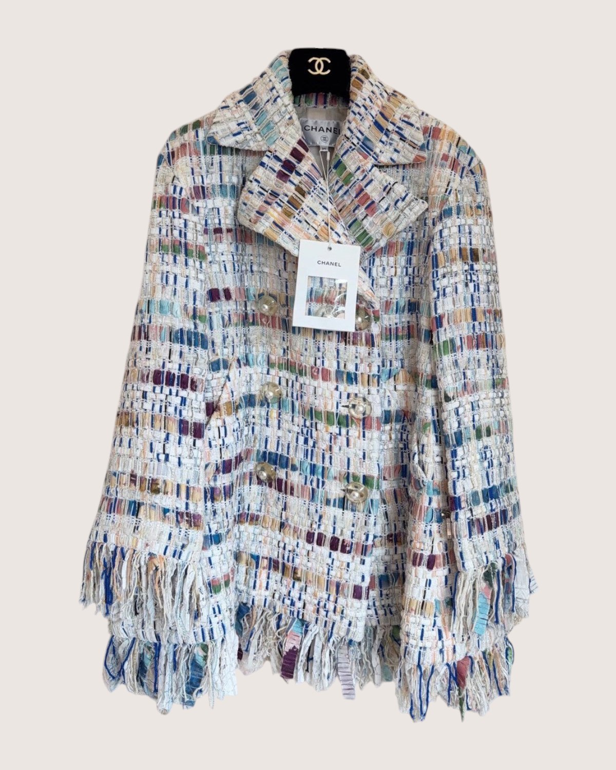 Chanel 18S Tweed Fringe Jacket Blue, Beige/Ecru, Multicolor FR 34