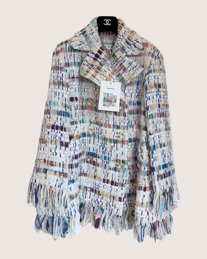 Chanel 18S Tweed Fringe Jacket Blue, Beige/Ecru, Multicolor FR 34