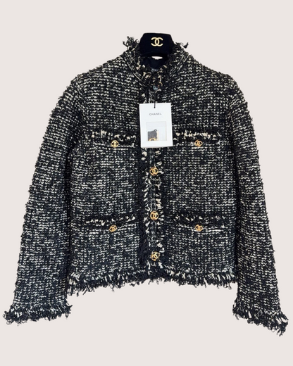 Chanel 26B Fringe Tweed Jacket Black, Beige/Ecru FR 38
