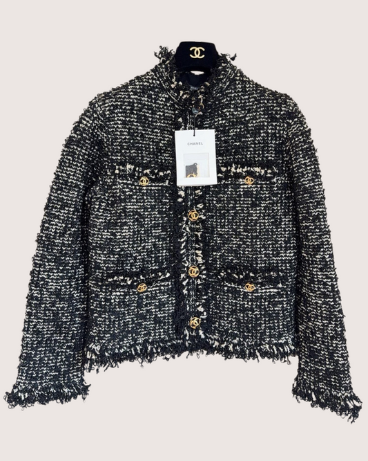 Chanel 26B Fringe Tweed Jacket Black, Beige/Ecru FR 38