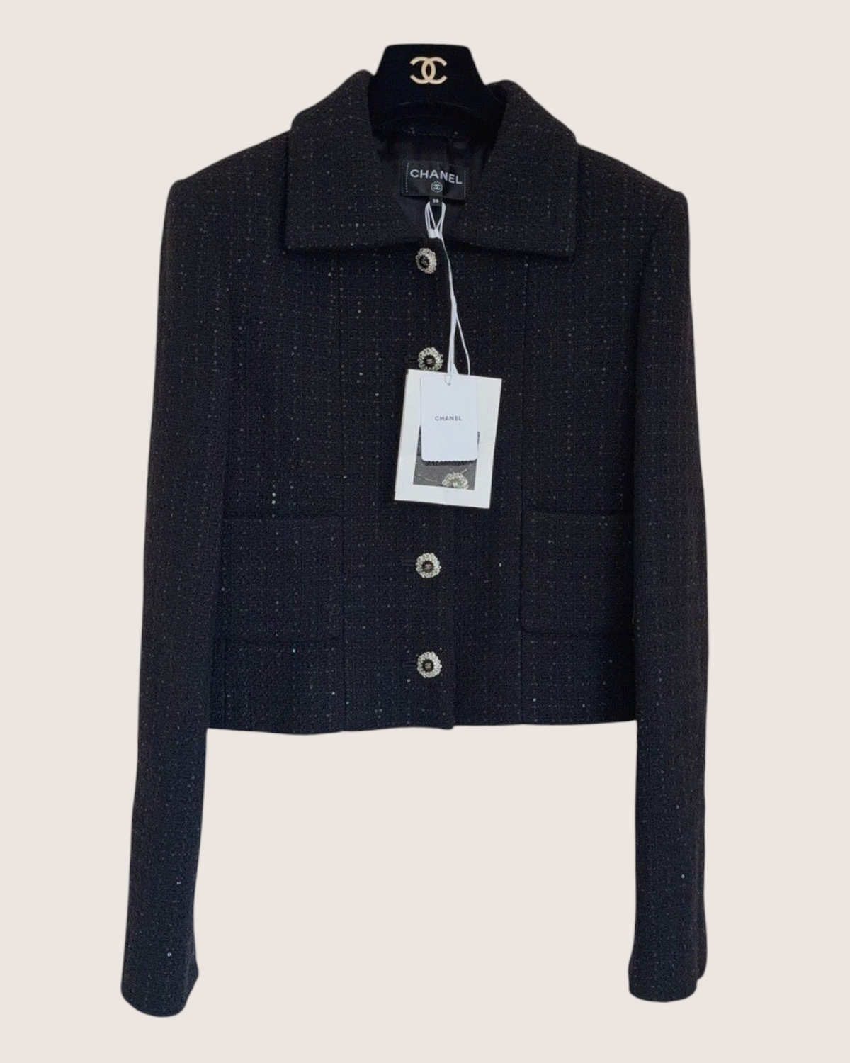Chanel 25K Sequin Tweed Cropped Jacket Black FR 38