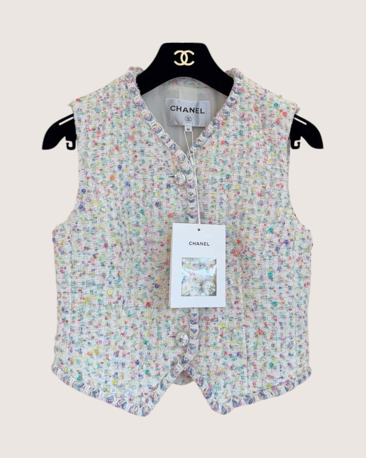 Chanel 23S Confetti Tweed Vest White, Multicolor FR 34