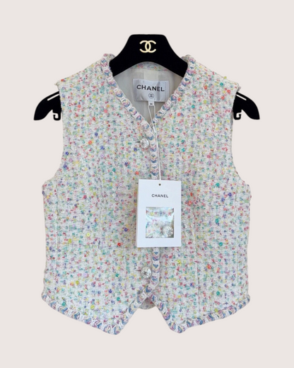 Chanel 23S Confetti Tweed Vest White, Multicolor FR 34
