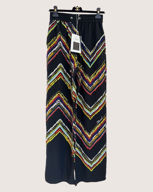 Chanel 26M Coco Beach Chevron-Print Wide-Leg Trousers Black, Yellow, Red, Multicolor FR 34