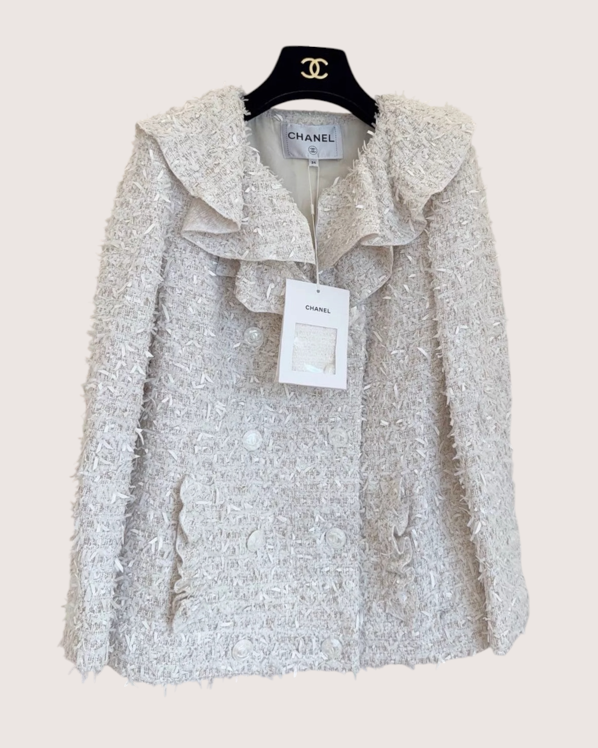 Chanel 20S Ruffle-Collar Tweed Jacket Beige/Ecru FR 36