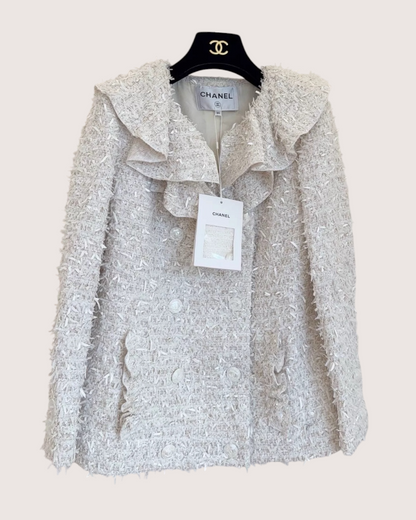 Chanel 20S Ruffle-Collar Tweed Jacket Beige/Ecru FR 36