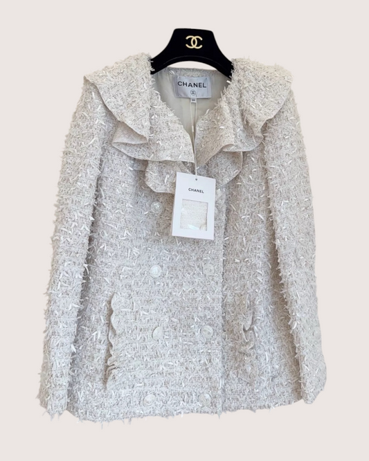 Chanel 20S Ruffle-Collar Tweed Jacket Beige/Ecru FR 36