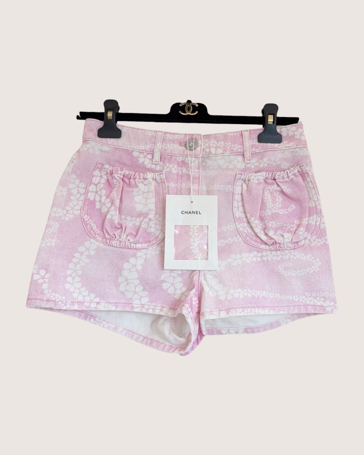 Chanel 25M Coco Beach Floral-Print Denim Shorts Pink, White FR 34