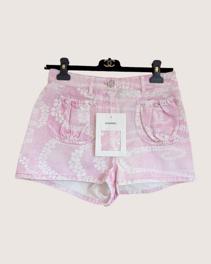 Chanel 25M Coco Beach Floral-Print Denim Shorts Pink, White FR 34