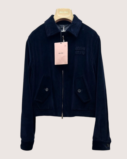 Miu Miu Logo Corduroy Zip-Up Jacket Navy IT 40