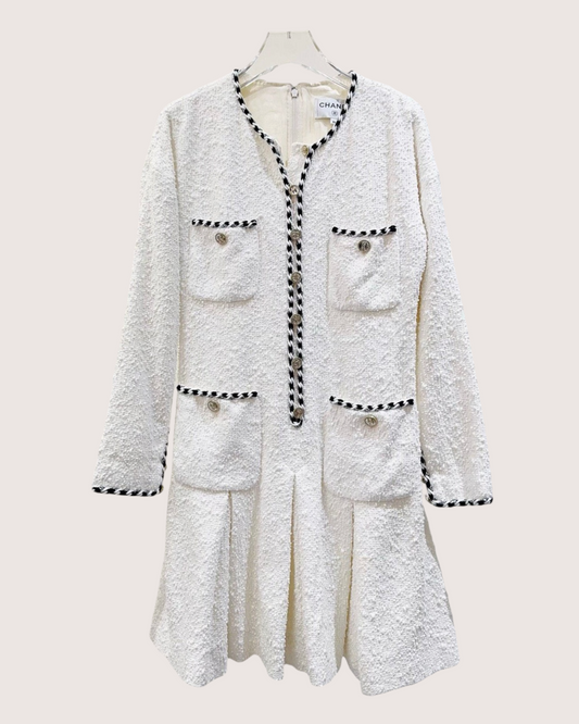 Chanel 21S Four-Pocket Tweed Mini Dress - White, Black