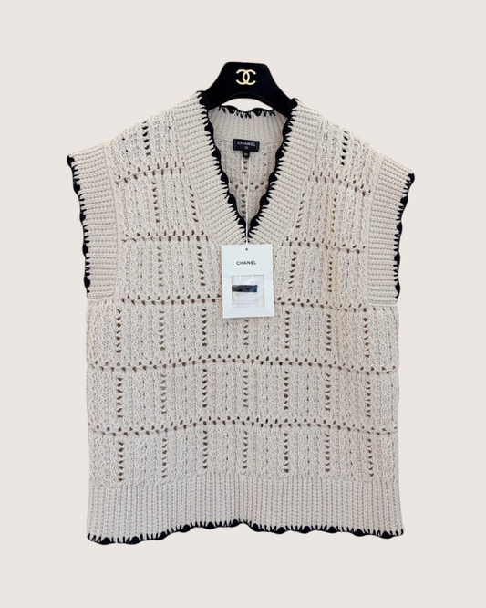 Chanel 26P Openwork Vest Beige/Ecru, Black FR 36