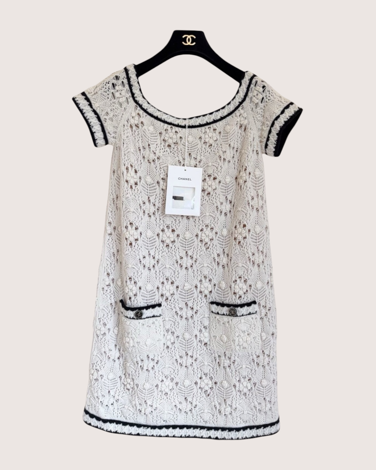 Chanel 22C Cashmere Crochet Openwork Off-Shoulder Mini Dress White, Black FR 38
