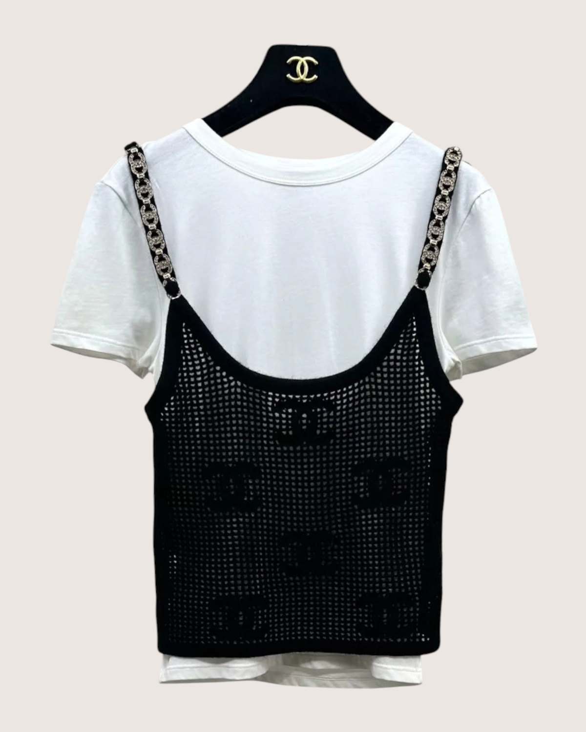 Chanel 22C T-Shirt w/ Net Camisole White, Black FR 34