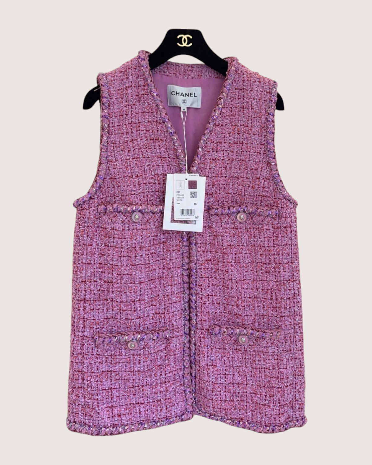Chanel 22P Tweed Four-Pocket Vest Pink, Purple, Multicolor FR 36