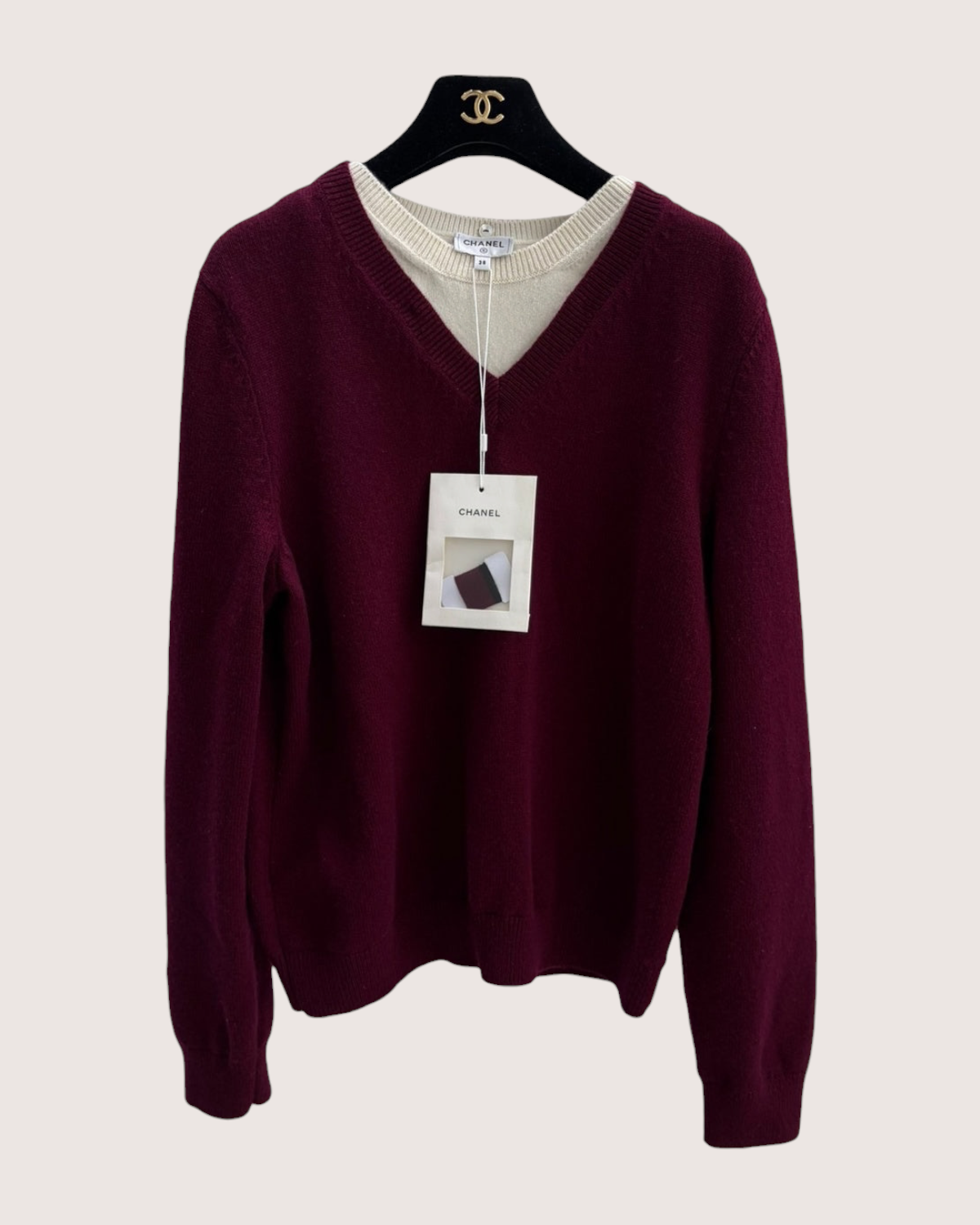 Chanel 26P Cashmere CC Sweater Burgundy, Beige/Ecru FR 38