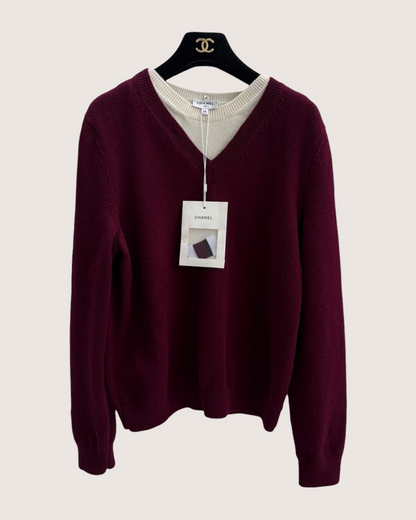 Chanel 26P Cashmere CC Sweater Burgundy, Beige/Ecru FR 38