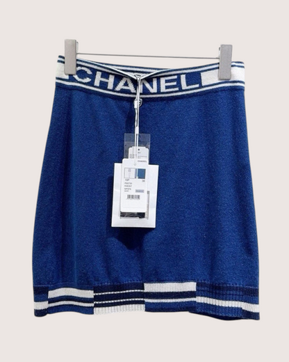 Chanel 19P Striped Logo Mini Skirt Blue, Beige/Ecru FR 36