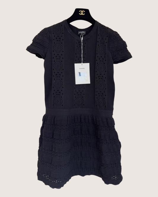 Chanel Short-Sleeve Openwork Logo Mini Dress - Black