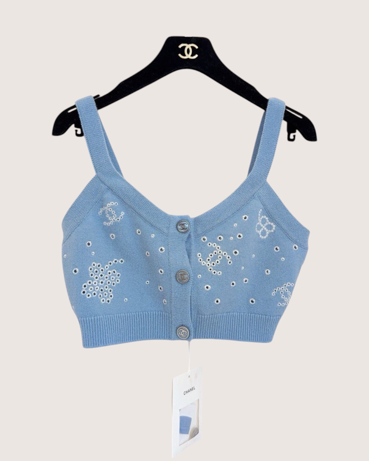 Chanel 23P Cashmere CC Clover Eyelet Cropped Top Blue, White FR 36