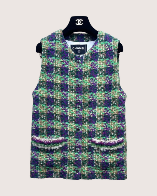 Chanel 25N Coco Neige Sequin Tweed Vest Purple, Green, Multicolor FR 34