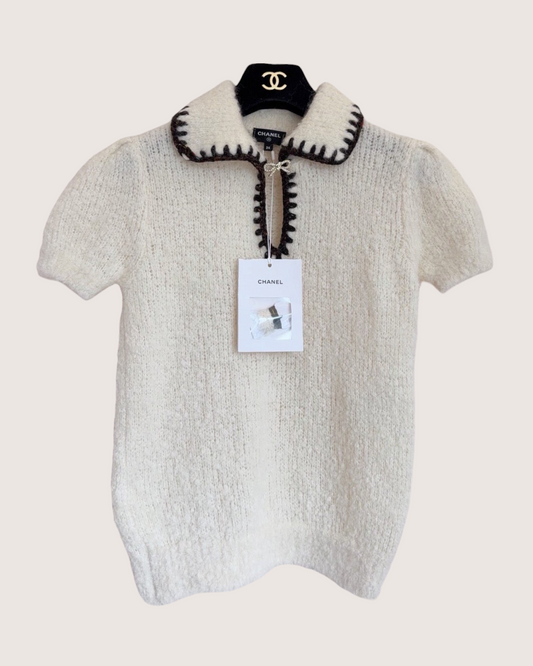 Chanel 25N Coco Neige Cashmere Bow Short-Sleeve Sweater Beige/Ecru, Brown FR 36