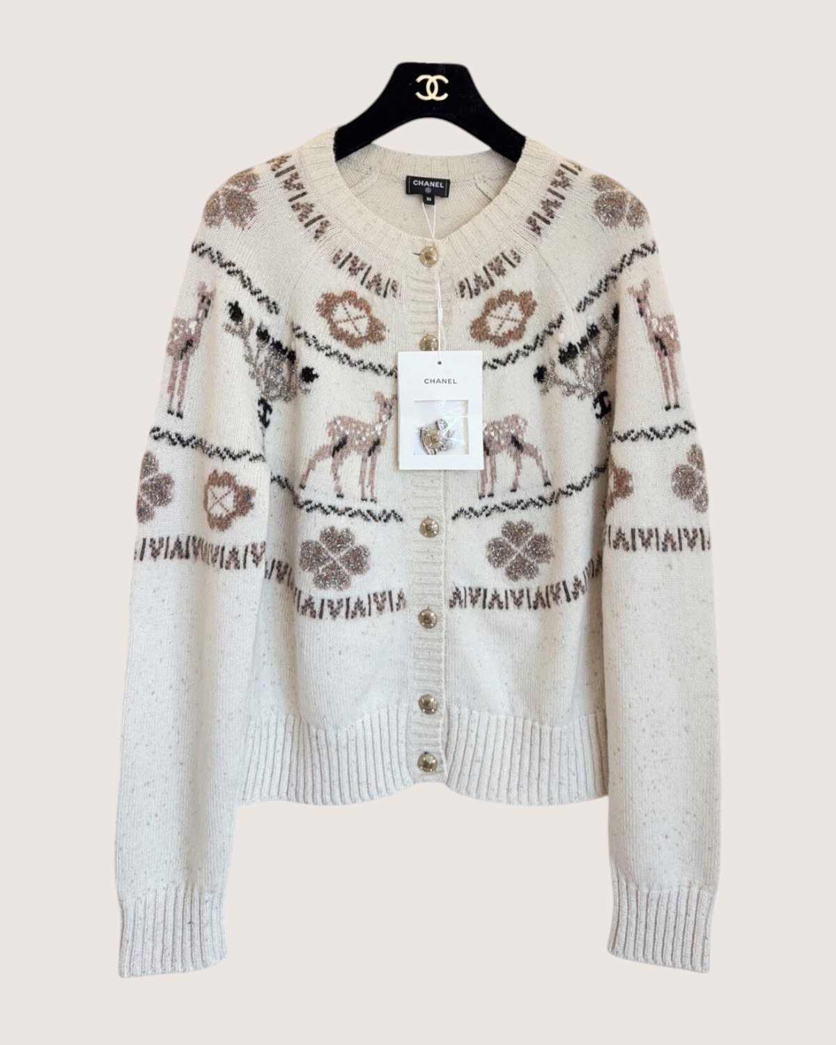 Chanel 25N Coco Neige Cashmere Deer Fair Isle Cardigan Beige/Ecru, Brown FR 36