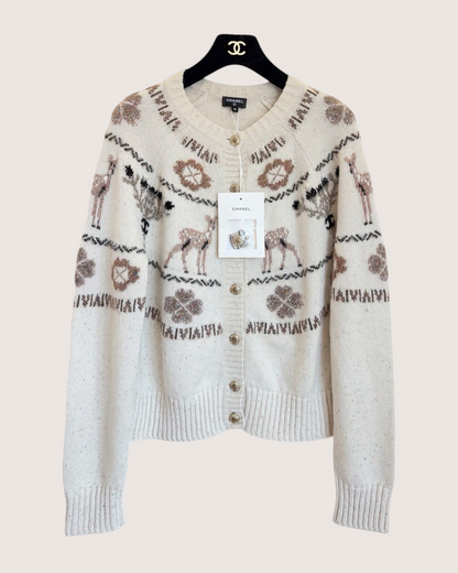 Chanel 25N Coco Neige Cashmere Deer Fair Isle Cardigan Beige/Ecru, Brown FR 36