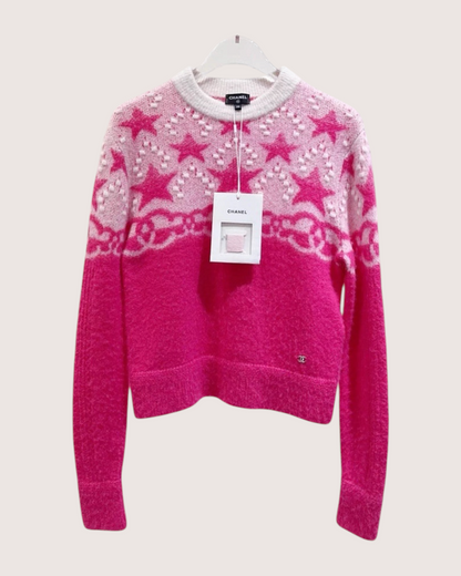 Chanel 23N Coco Neige Cashmere Ski Sweater Pink, White FR 34