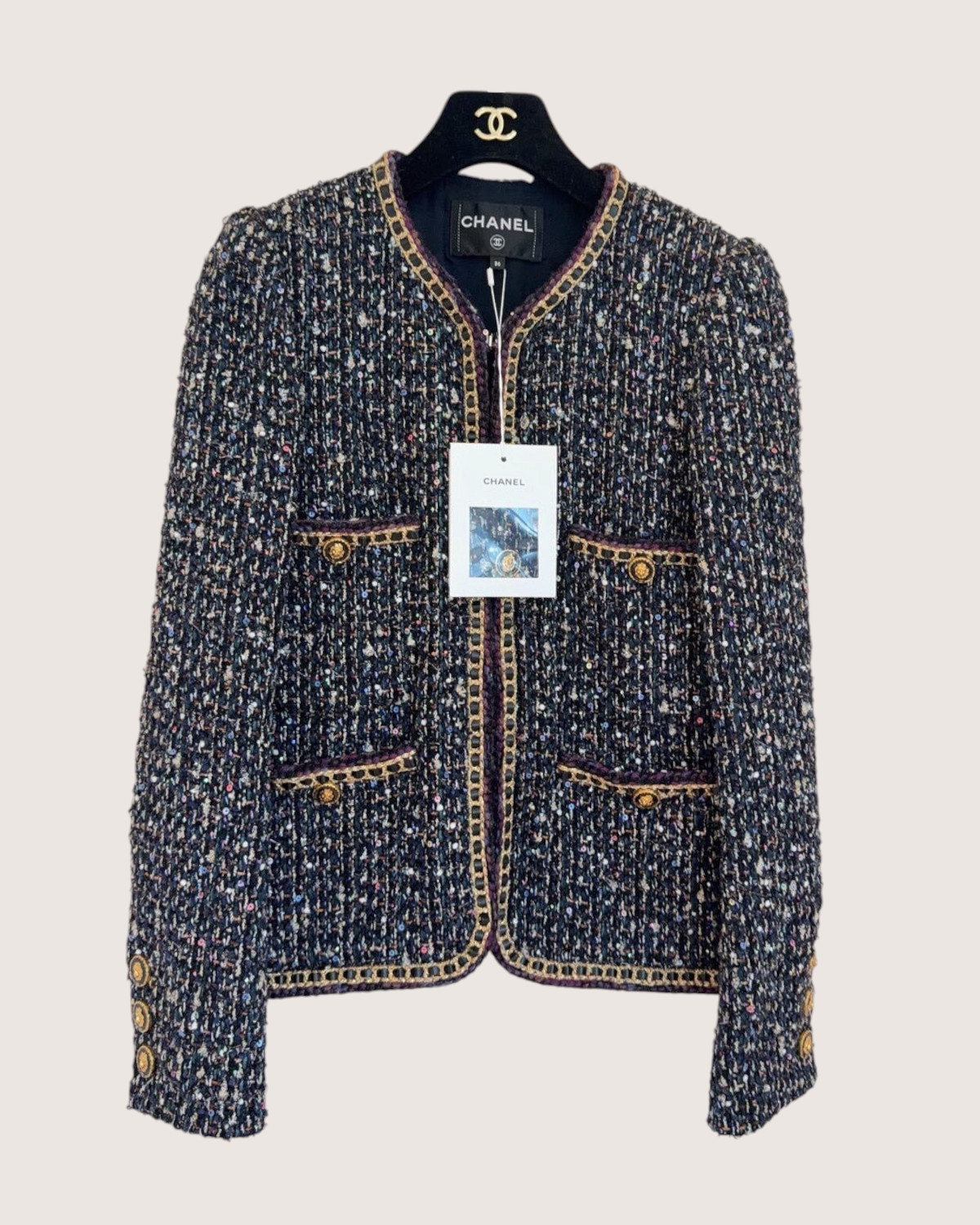 Chanel 21A Chain-Trim Four-Pocket Tweed Jacket Black, Gold, Multicolor FR 36