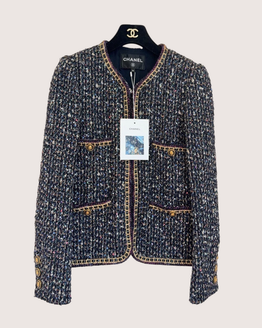 Chanel 21A Chain-Trim Four-Pocket Tweed Jacket Black, Gold, Multicolor FR 36