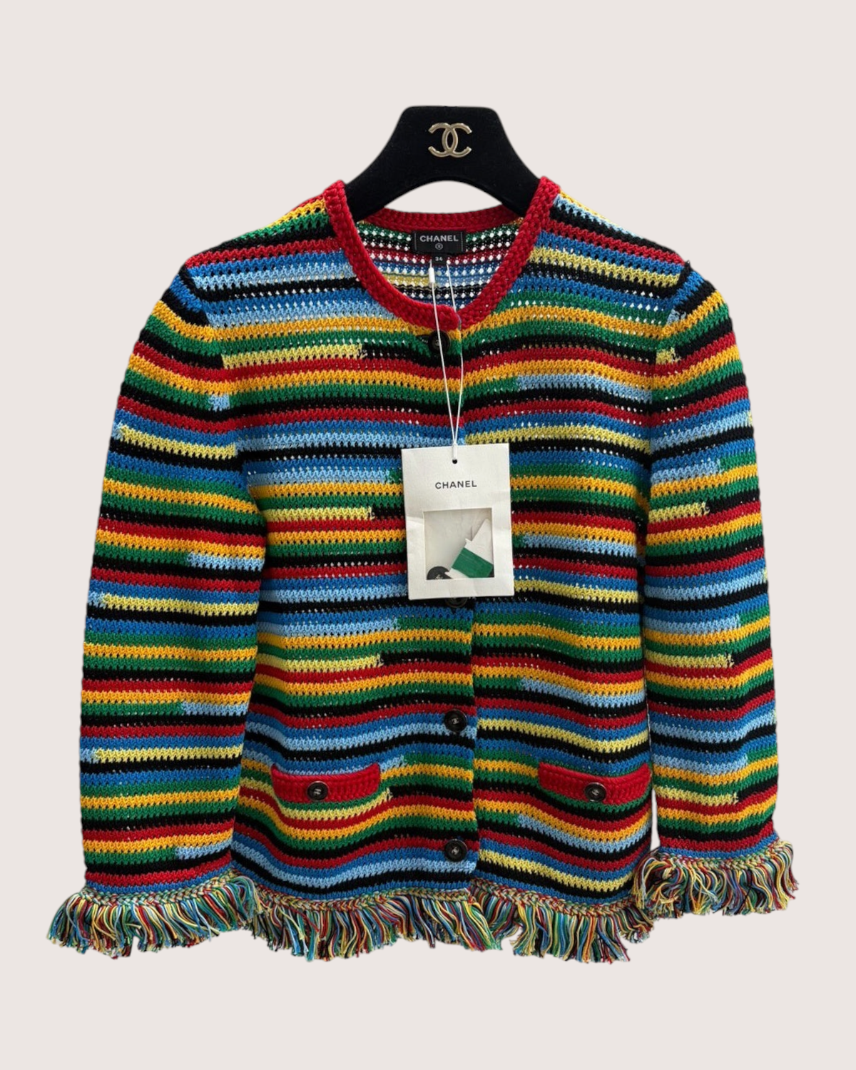 Chanel 26M Coco Beach Striped Fringe Cardigan Red, Blue, Multicolor FR 34