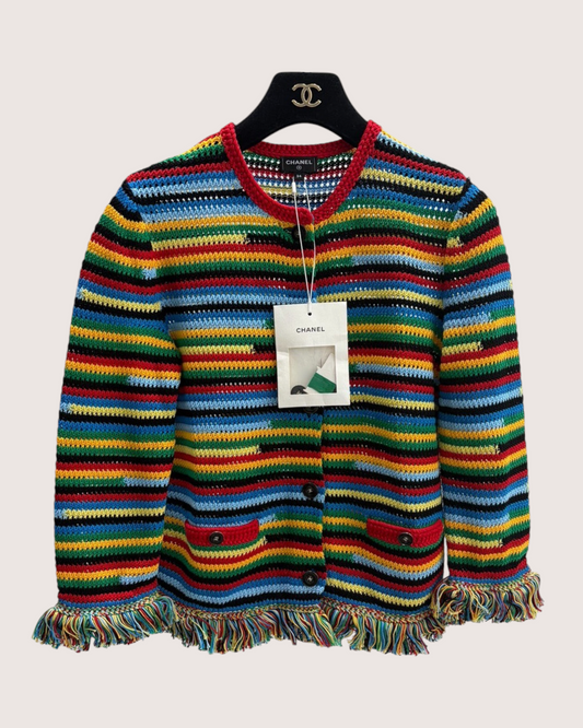 Chanel 26M Coco Beach Striped Fringe Cardigan Red, Blue, Multicolor FR 34