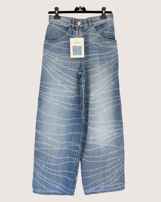 Chanel 25P Wide-Leg Denim Jeans Blue, White FR 38