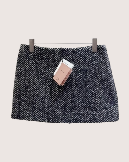 Miu Miu Herringbone Tweed Mini Skirt - Black, White