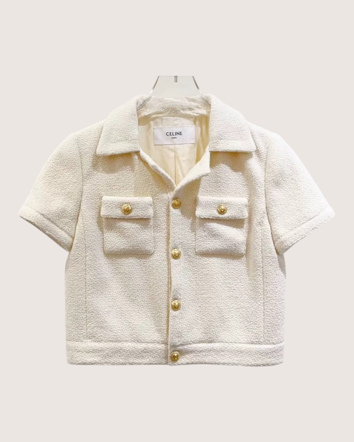 Celine Short-Sleeve Tweed Jacket Beige/Ecru FR 34