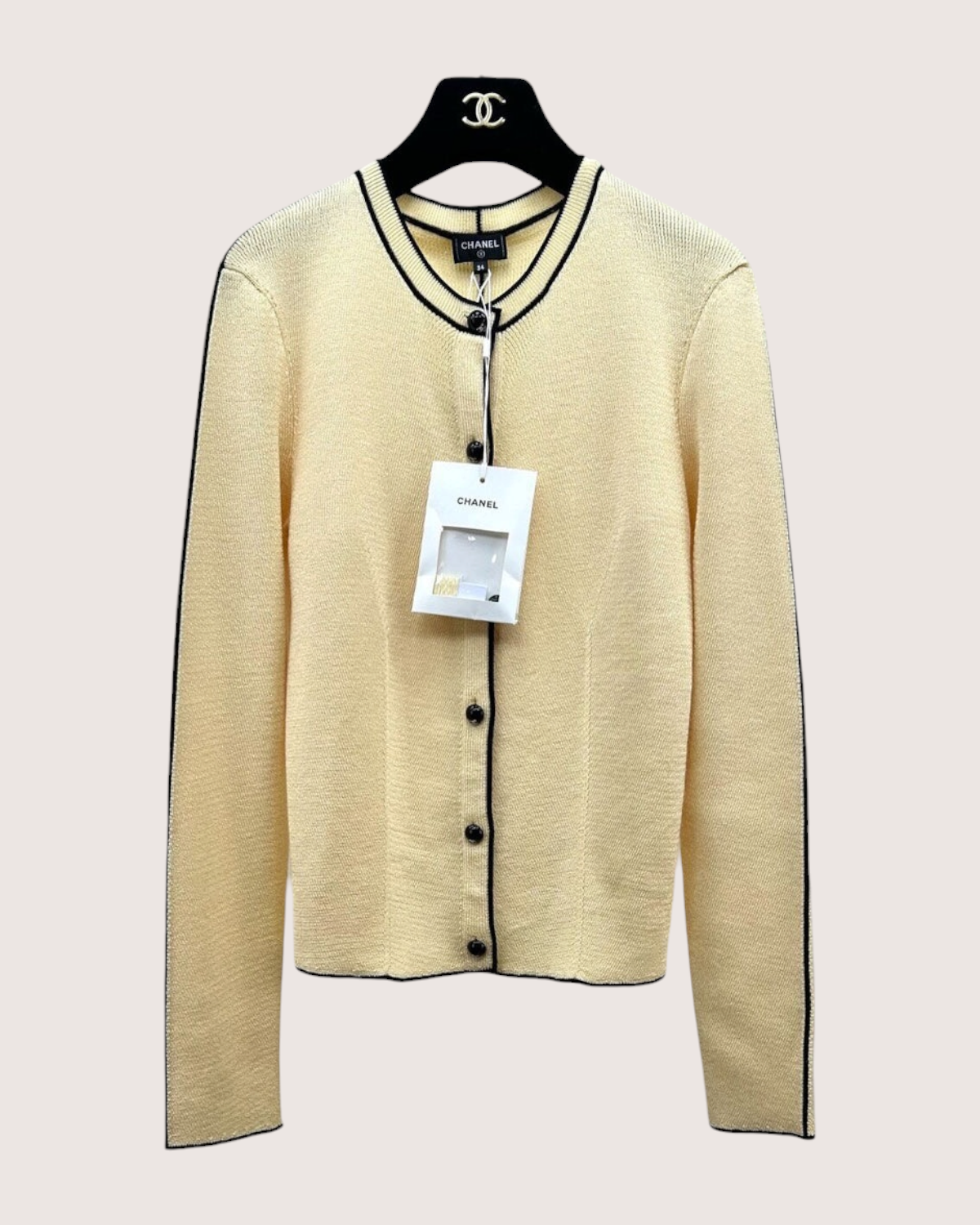 Chanel 26B Wool Black-Trim Cardigan Beige/Ecru, Black FR 34