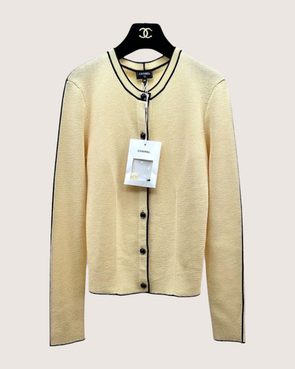 Chanel 26B Wool Black-Trim Cardigan Beige/Ecru, Black FR 34