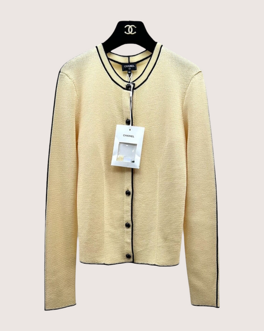 Chanel 26B Wool Black-Trim Cardigan Beige/Ecru, Black FR 34