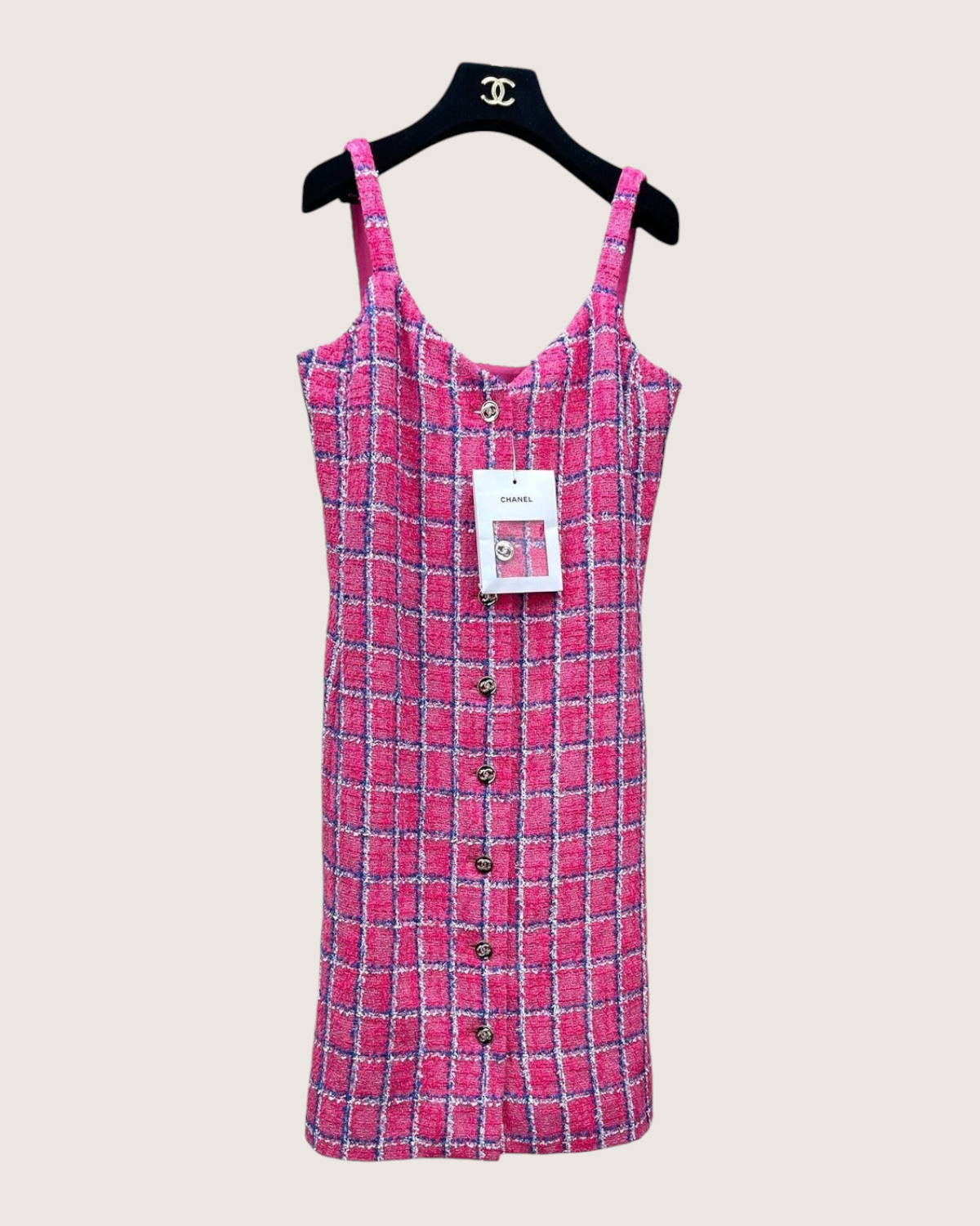 Chanel 24P Tweed Strappy Mid-Length Dress Pink, Blue, White FR 36