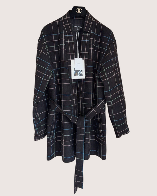 Chanel 24S Belted Tweed Coat Black, Pink, Blue, Multicolor FR 36