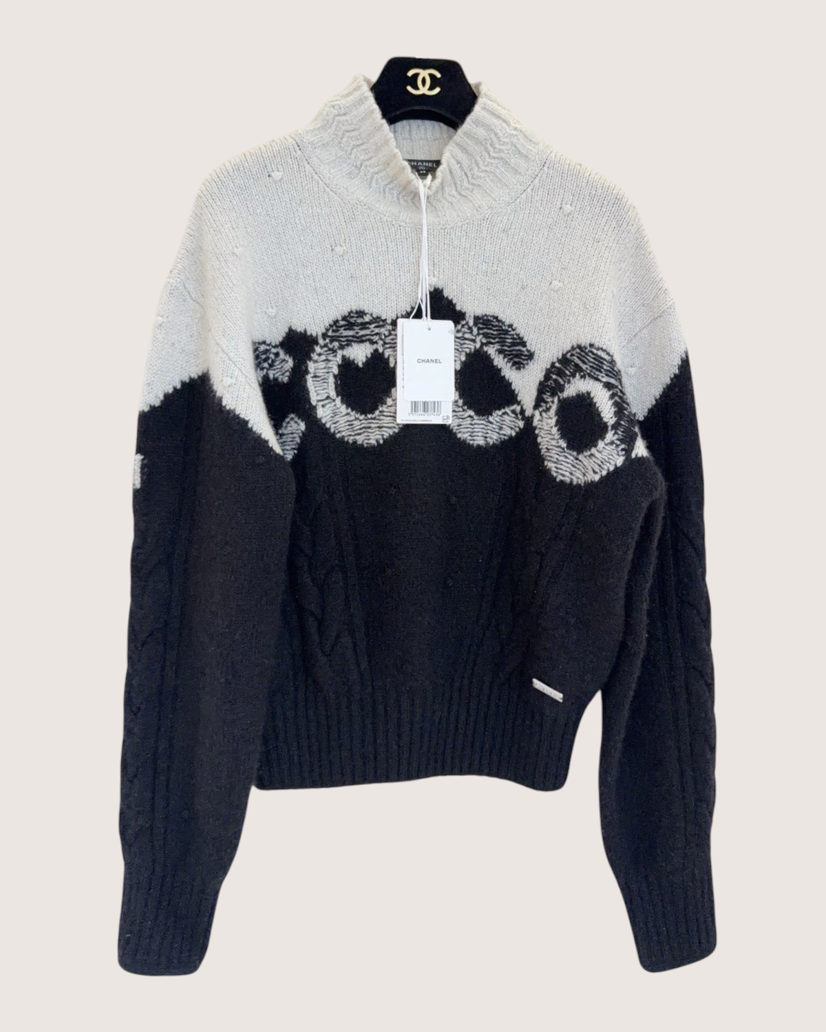 Chanel 21N Coco Neige Cashmere Coco Logo Mock-Neck Sweater Black, White FR 38